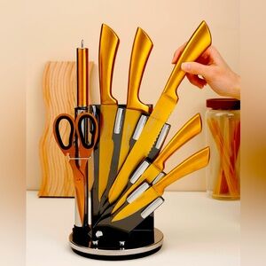 Gold kitchen knife set with block , chopper , kitchen utensils